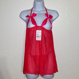 Hot pink open bust chemise with G-string